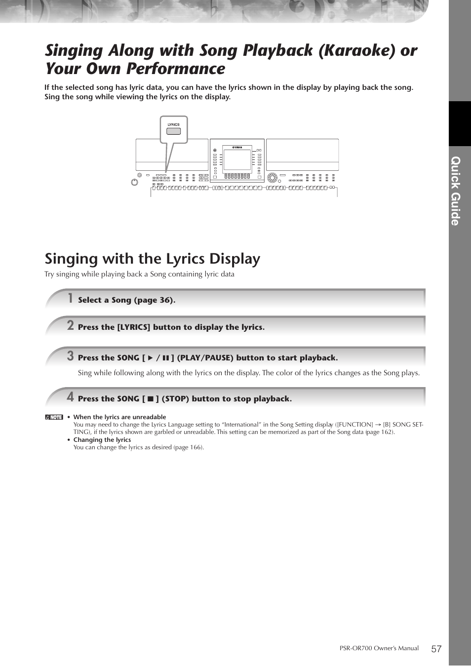 Singing with the lyrics display, P. 57, Quic k guide | Yamaha PORTATONE PSR-OR700 User Manual | Page 57 / 196