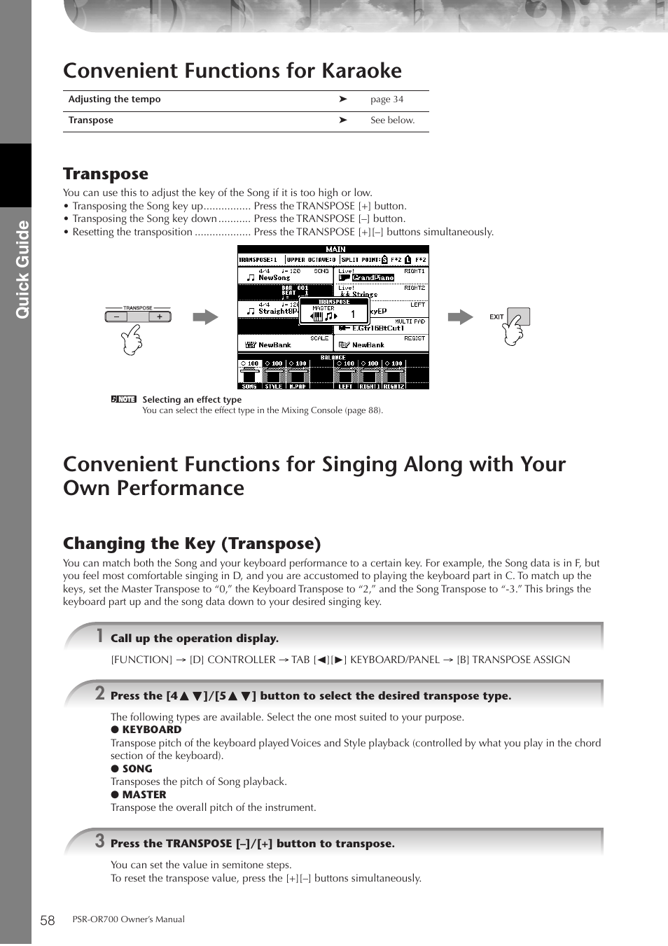 Convenient functions for karaoke, P. 58, Quic k guide | Transpose, Changing the key (transpose) | Yamaha PORTATONE PSR-OR700 User Manual | Page 58 / 196