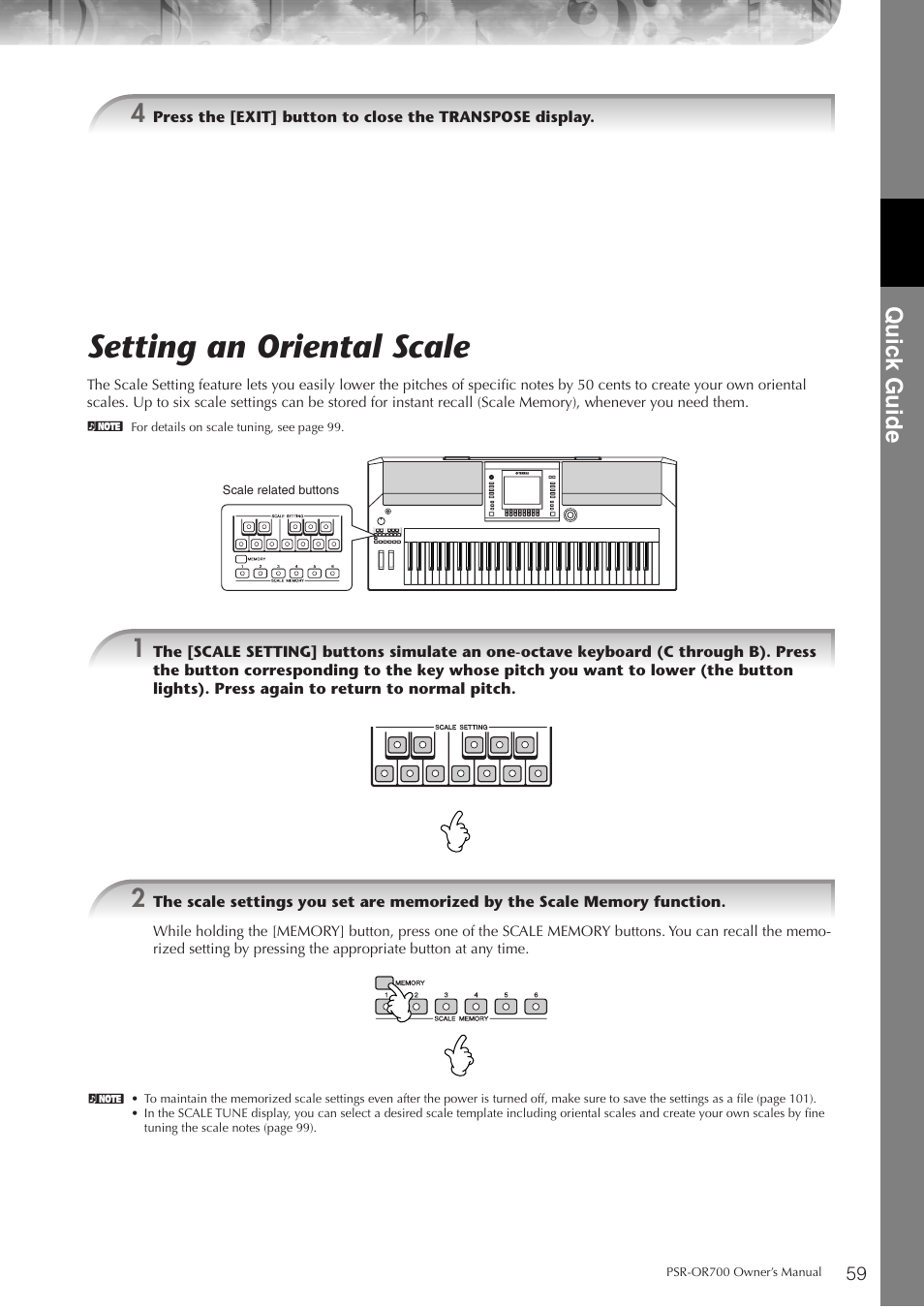 Setting an oriental scale, P. 59, Quic k guide | Yamaha PORTATONE PSR-OR700 User Manual | Page 59 / 196