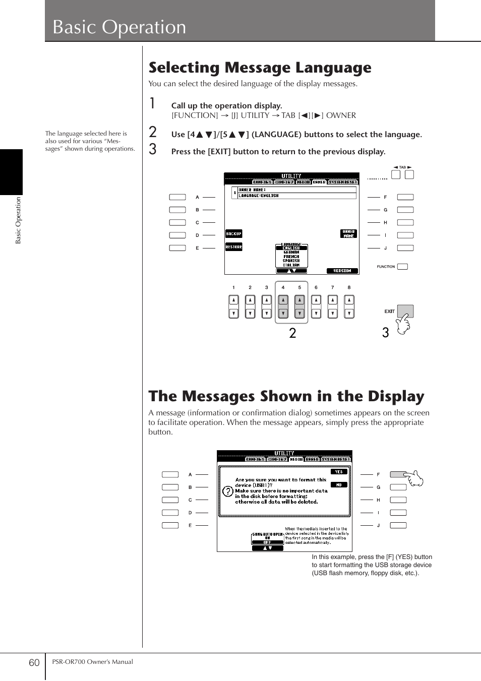 Basic operation, Selecting message language, The messages shown in the display | Yamaha PORTATONE PSR-OR700 User Manual | Page 60 / 196
