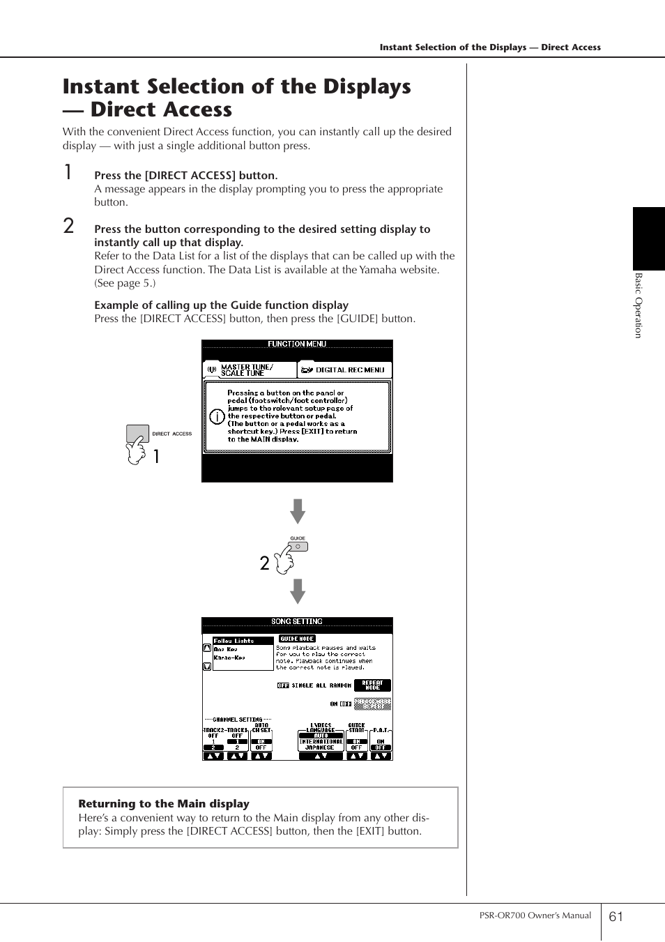 Instant selection of the displays - direct access, Instant selection of the displays — direct access, P. 61 | Yamaha PORTATONE PSR-OR700 User Manual | Page 61 / 196