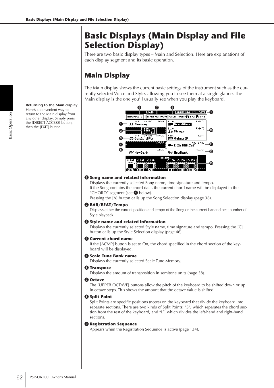 Main display, P. 62 | Yamaha PORTATONE PSR-OR700 User Manual | Page 62 / 196