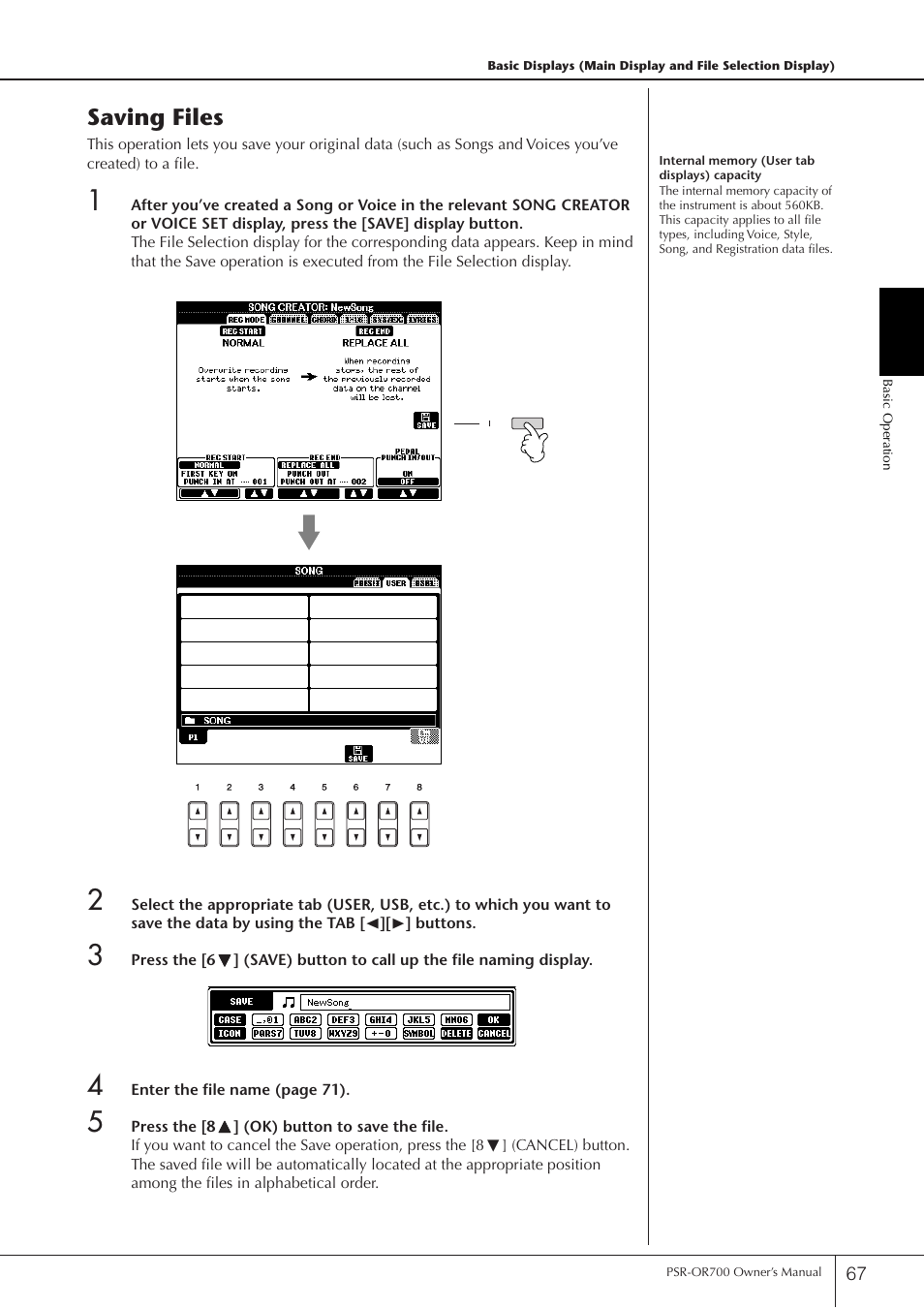 Saving files | Yamaha PORTATONE PSR-OR700 User Manual | Page 67 / 196