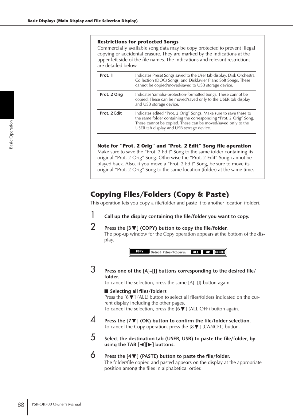 Copying files/folders (copy & paste) | Yamaha PORTATONE PSR-OR700 User Manual | Page 68 / 196