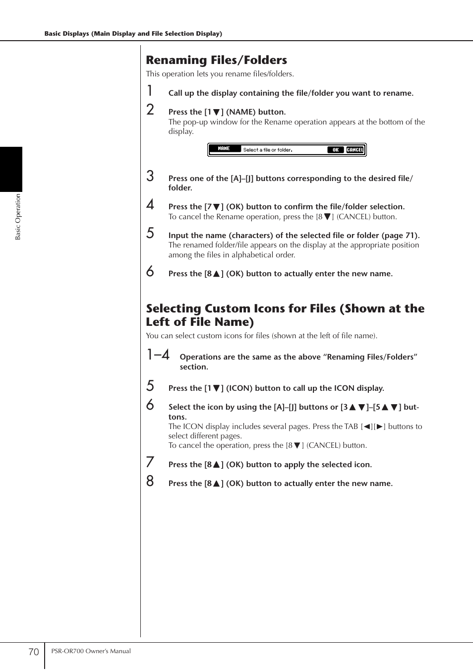 Renaming files/folders | Yamaha PORTATONE PSR-OR700 User Manual | Page 70 / 196