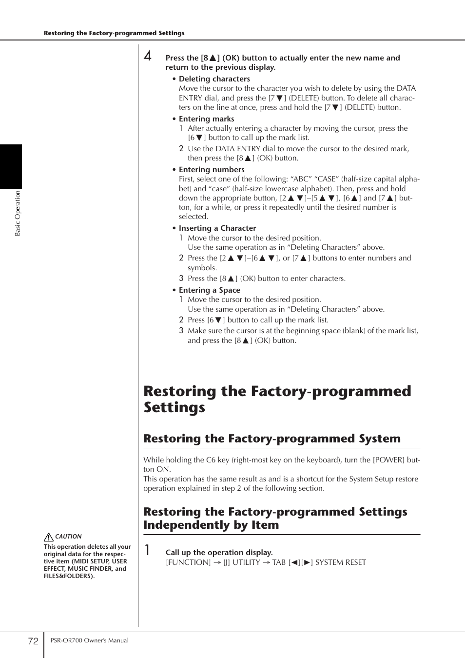 Restoring the factory-programmed settings, Restoring the factory-programmed system | Yamaha PORTATONE PSR-OR700 User Manual | Page 72 / 196