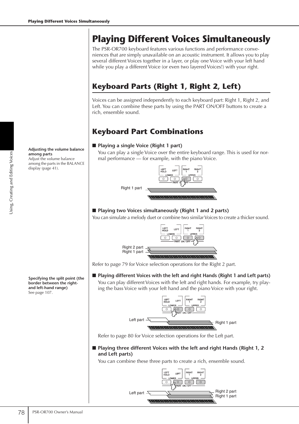 Playing different voices simultaneously, Keyboard parts (right 1, right 2, left), P. 78 | Keyboard part combinations | Yamaha PORTATONE PSR-OR700 User Manual | Page 78 / 196