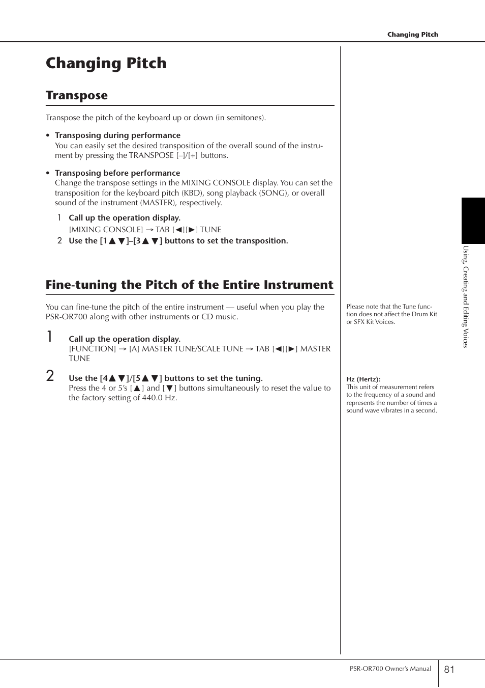 Changing pitch, Transpose, Fine-tuning the pitch of the entire instrument | Yamaha PORTATONE PSR-OR700 User Manual | Page 81 / 196