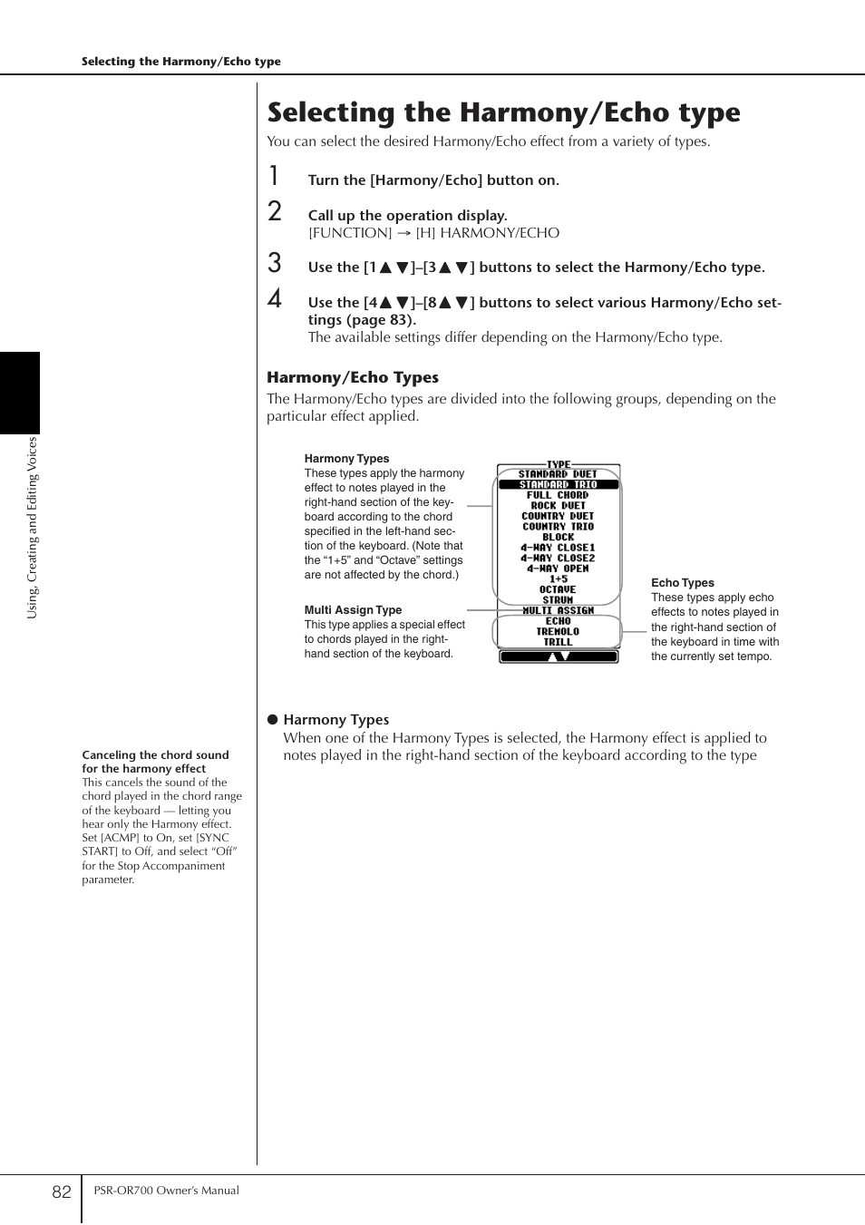 Selecting the harmony/echo type | Yamaha PORTATONE PSR-OR700 User Manual | Page 82 / 196