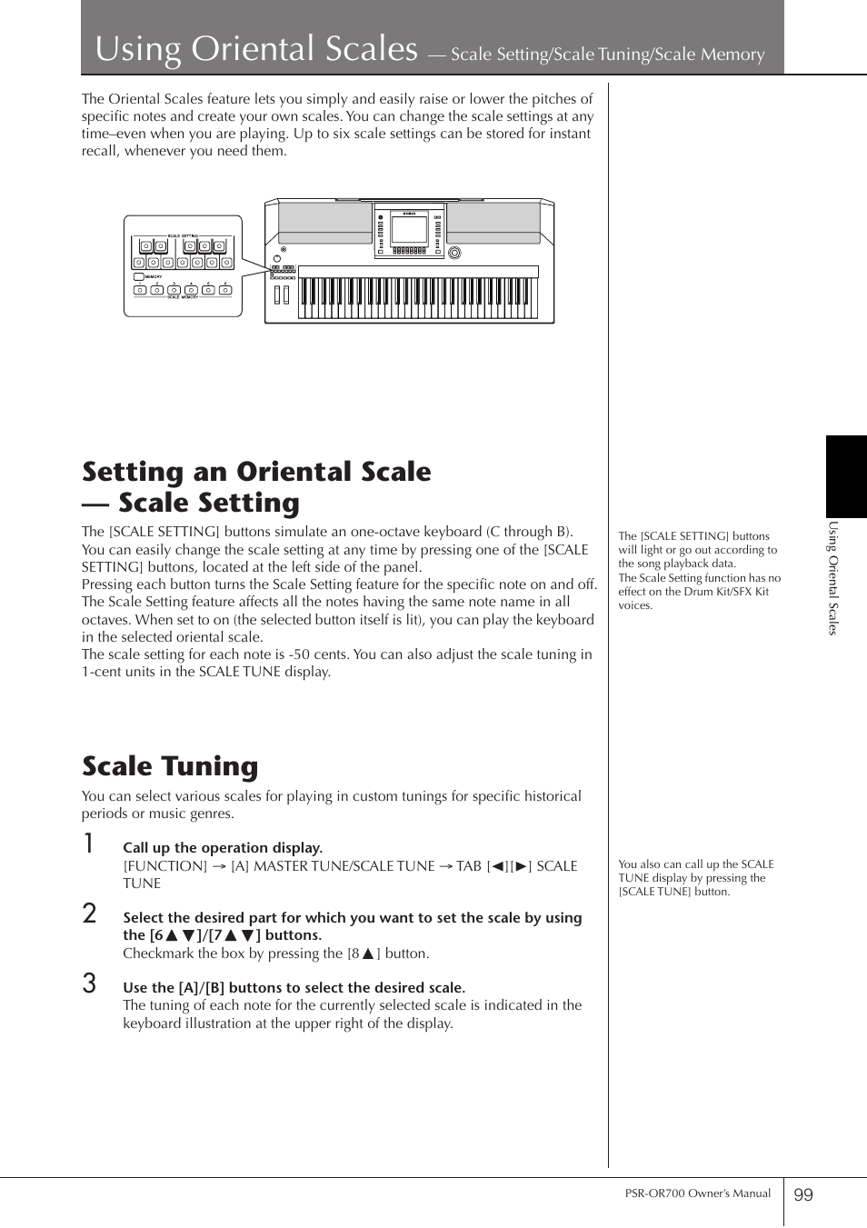 Setting an oriental scale - scale setting, Scale tuning, Setting an oriental scale — scale setting | P. 99, Using oriental scales | Yamaha PORTATONE PSR-OR700 User Manual | Page 99 / 196