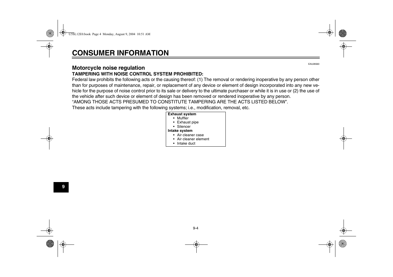 Motorcycle noise regulation -4, Consumer information, Motorcycle noise regulation | Yamaha YZF-R6T(C) User Manual | Page 102 / 111