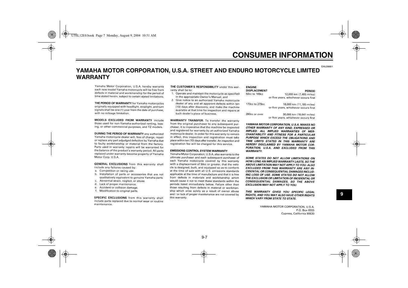 Street and enduro motorcycle limited warranty, Yamaha motor corporation, Consumer information | Yamaha YZF-R6T(C) User Manual | Page 105 / 111