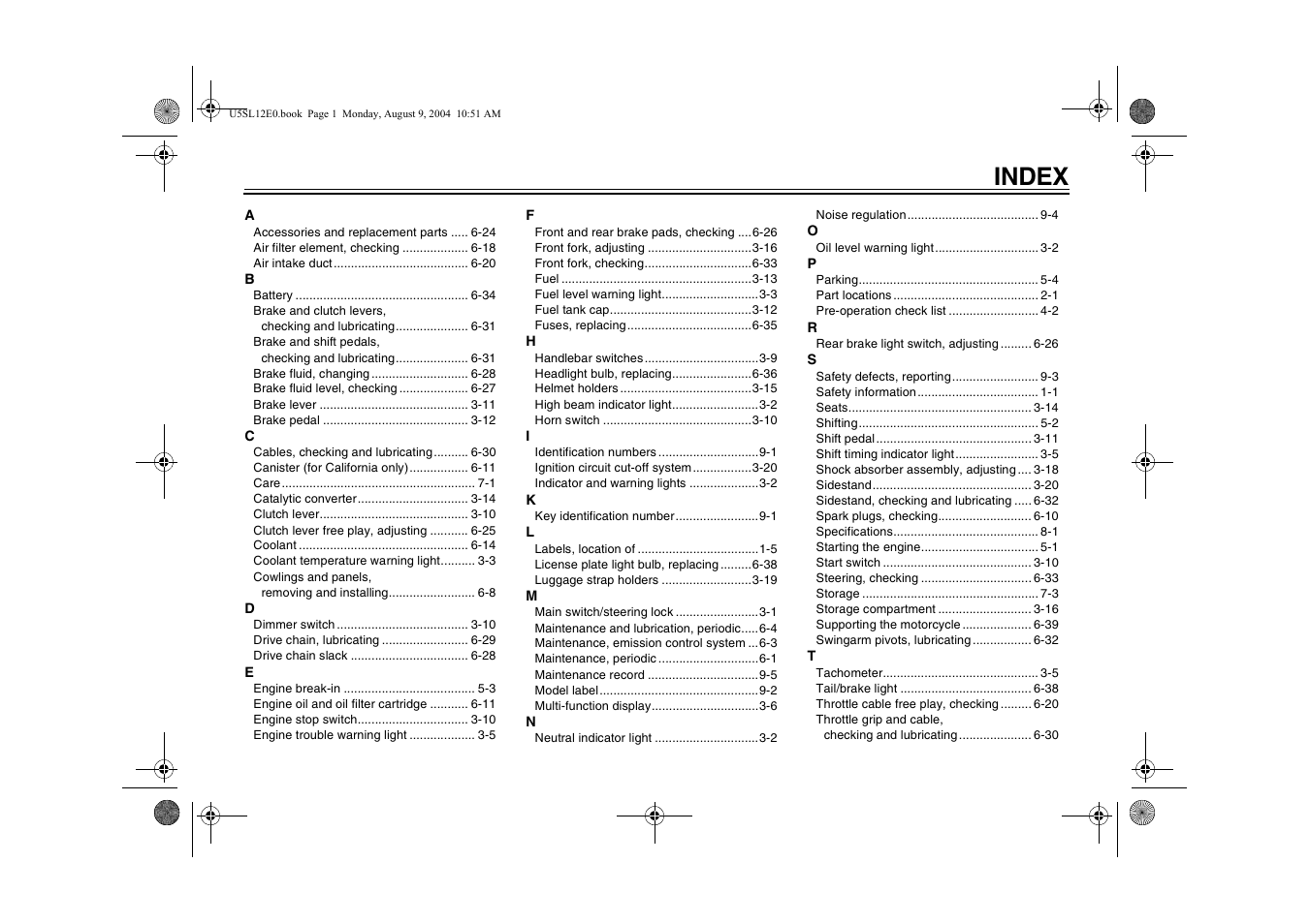 Index | Yamaha YZF-R6T(C) User Manual | Page 109 / 111