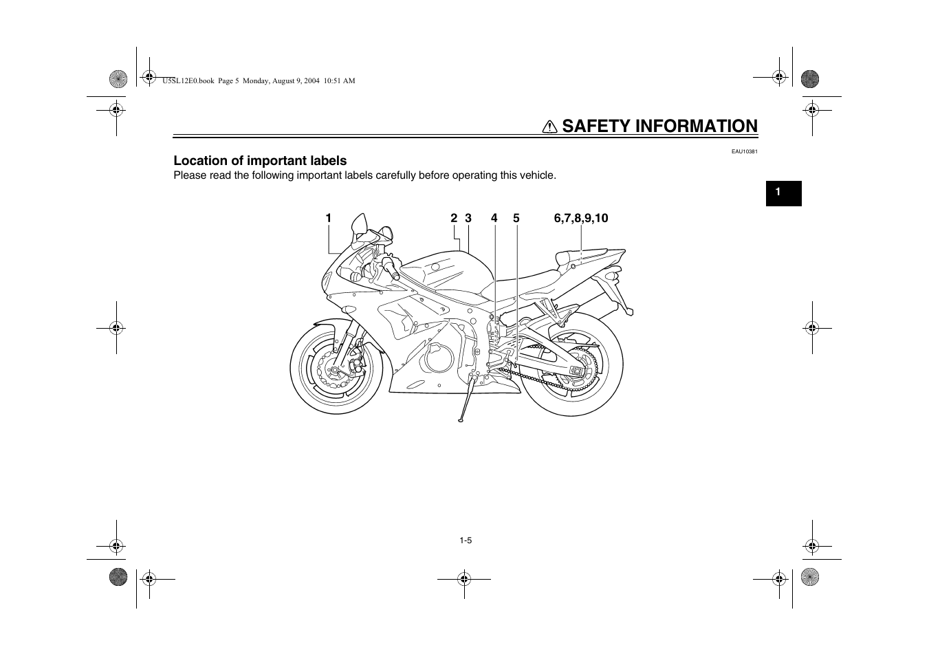 Location of important labels, Location of important labels -5, Safety information | Yamaha YZF-R6T(C) User Manual | Page 13 / 111