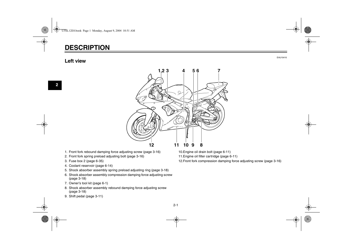 Description, Left view -1, Left view | Yamaha YZF-R6T(C) User Manual | Page 16 / 111