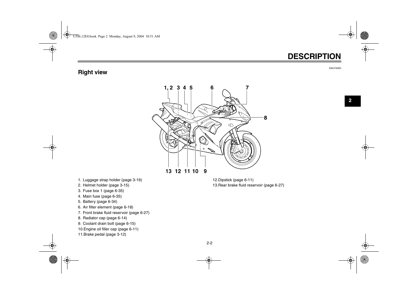 Right view -2, Description, Right view | Yamaha YZF-R6T(C) User Manual | Page 17 / 111