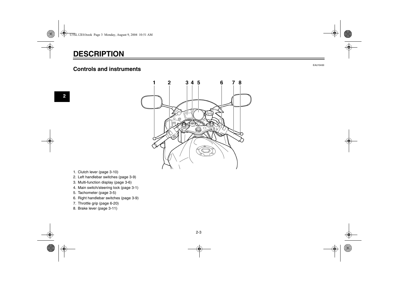 Controls and instruments, Controls and instruments -3, Description | Yamaha YZF-R6T(C) User Manual | Page 18 / 111