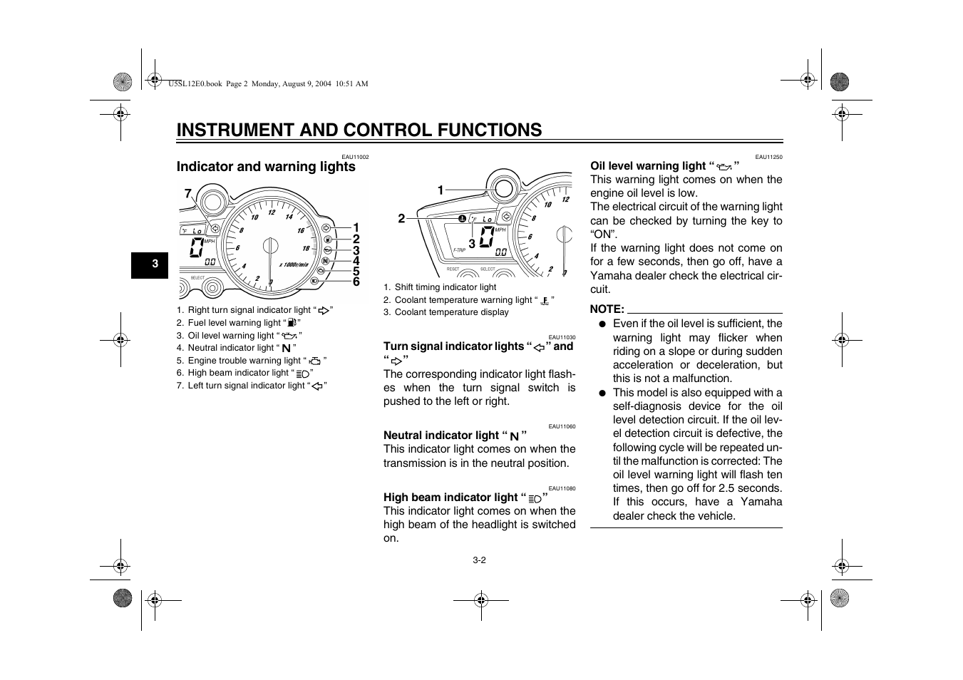 Indicator and warning lights, Indicator and warning lights -2, Instrument and control functions | Yamaha YZF-R6T(C) User Manual | Page 20 / 111