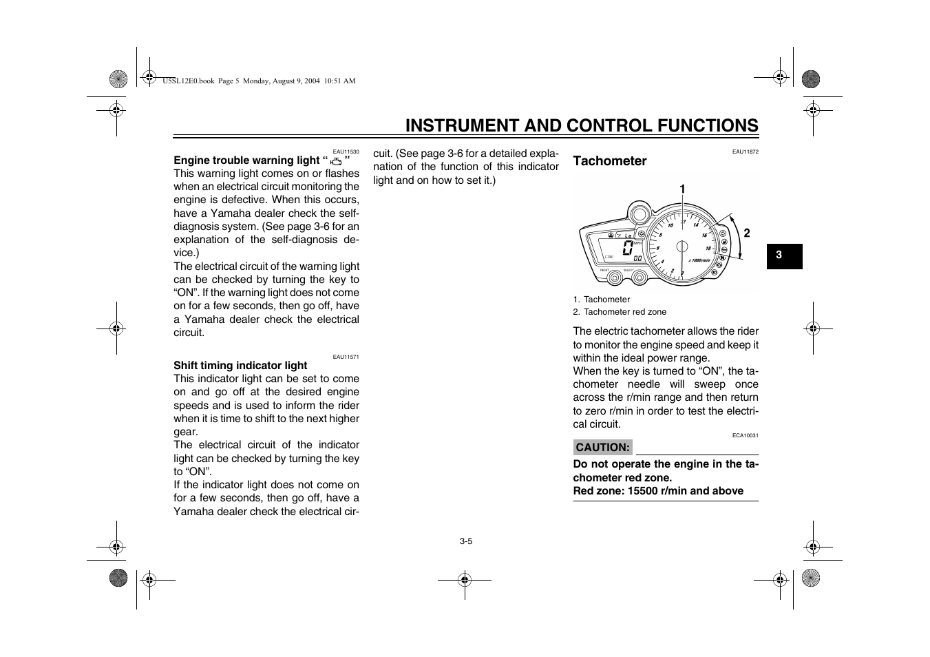 Tachometer -5, Age 3-5), Instrument and control functions | Tachometer | Yamaha YZF-R6T(C) User Manual | Page 23 / 111