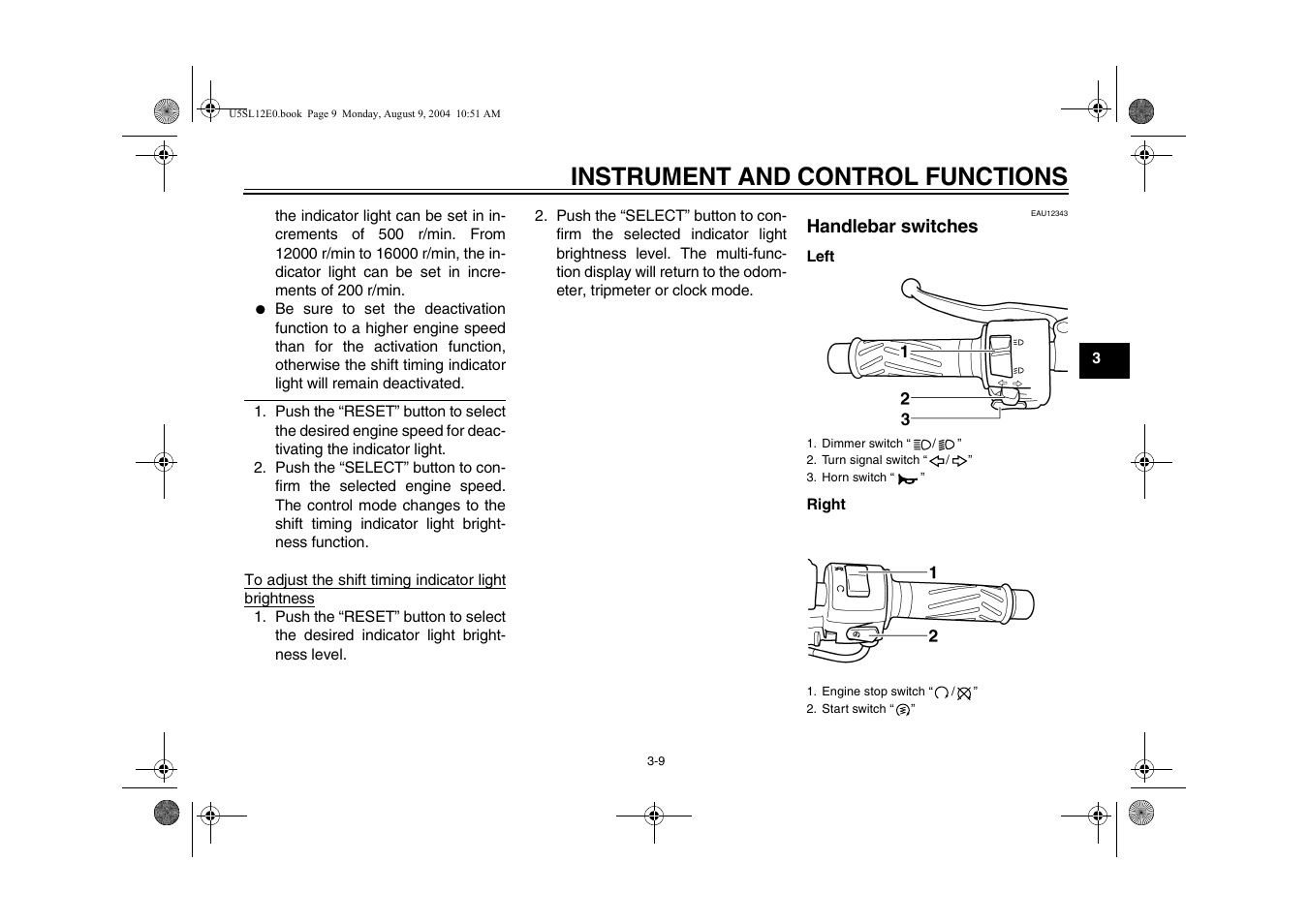 Handlebar switches, Handlebar switches -9, Instrument and control functions | Yamaha YZF-R6T(C) User Manual | Page 27 / 111
