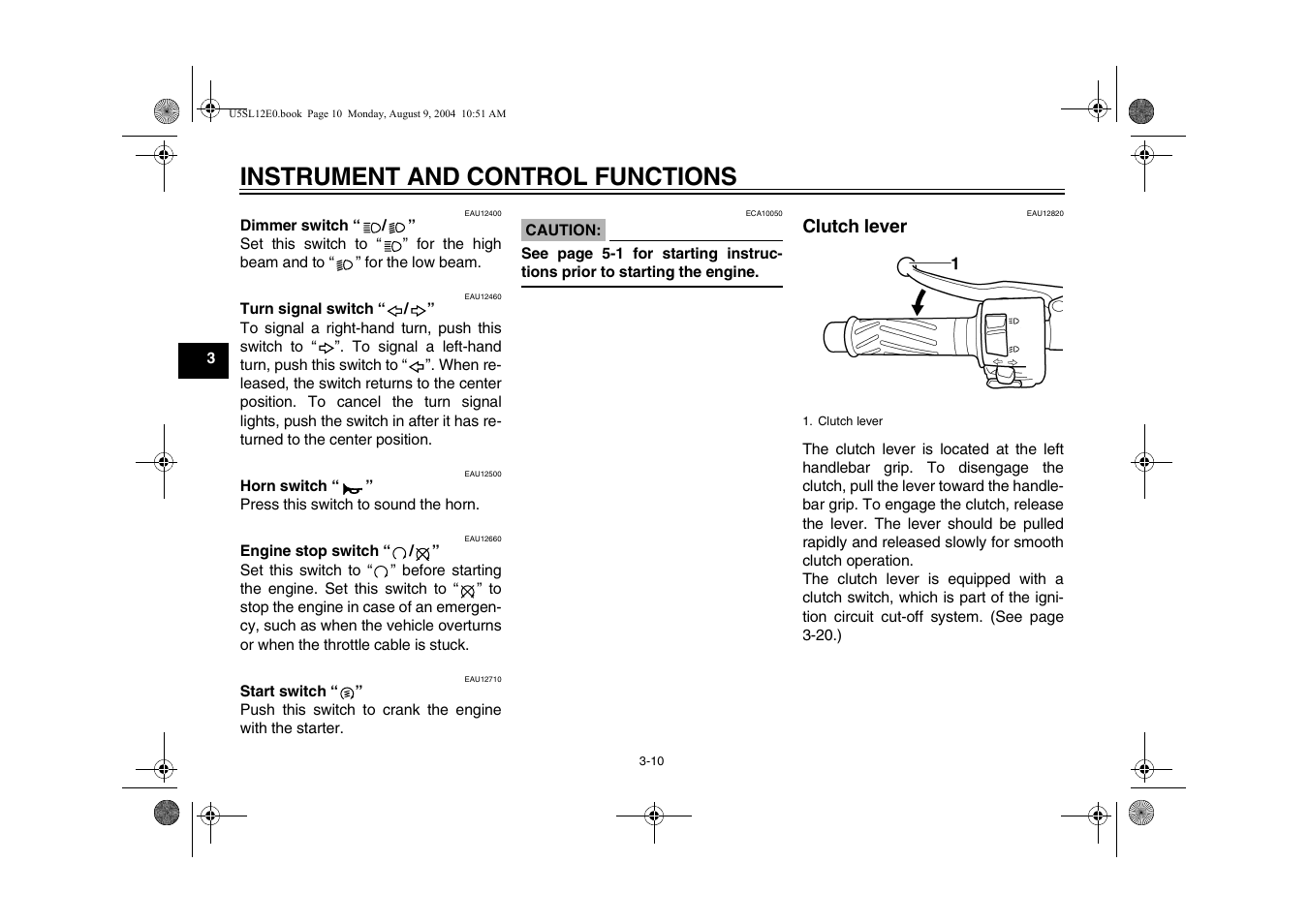 Clutch lever, Clutch lever -10, Instrument and control functions | Yamaha YZF-R6T(C) User Manual | Page 28 / 111