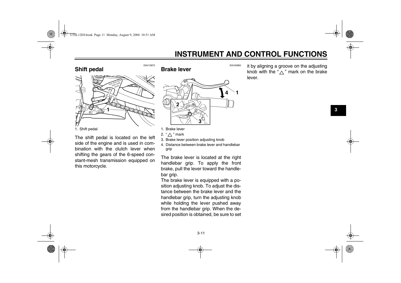 Shift pedal, Brake lever, Shift pedal -11 brake lever -11 | Instrument and control functions | Yamaha YZF-R6T(C) User Manual | Page 29 / 111