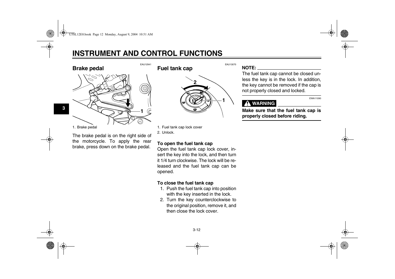 Brake pedal, Brake pedal -12 fuel tank cap -12, Instrument and control functions | Yamaha YZF-R6T(C) User Manual | Page 30 / 111
