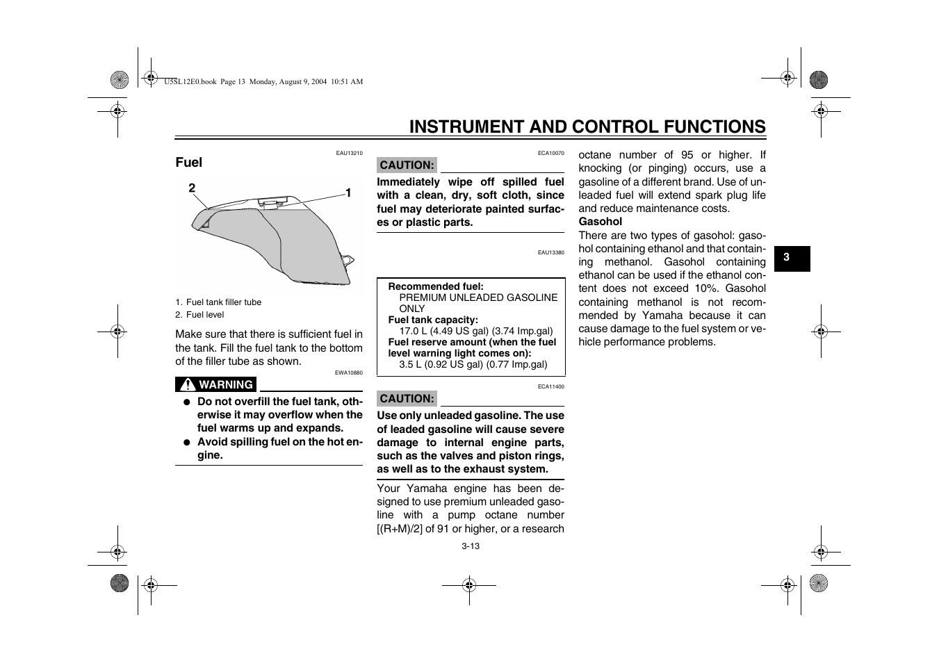 Fuel -13, Instrument and control functions, Fuel | Yamaha YZF-R6T(C) User Manual | Page 31 / 111