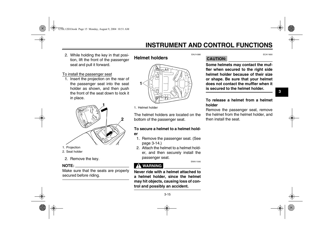 Helmet holders -15, Instrument and control functions | Yamaha YZF-R6T(C) User Manual | Page 33 / 111