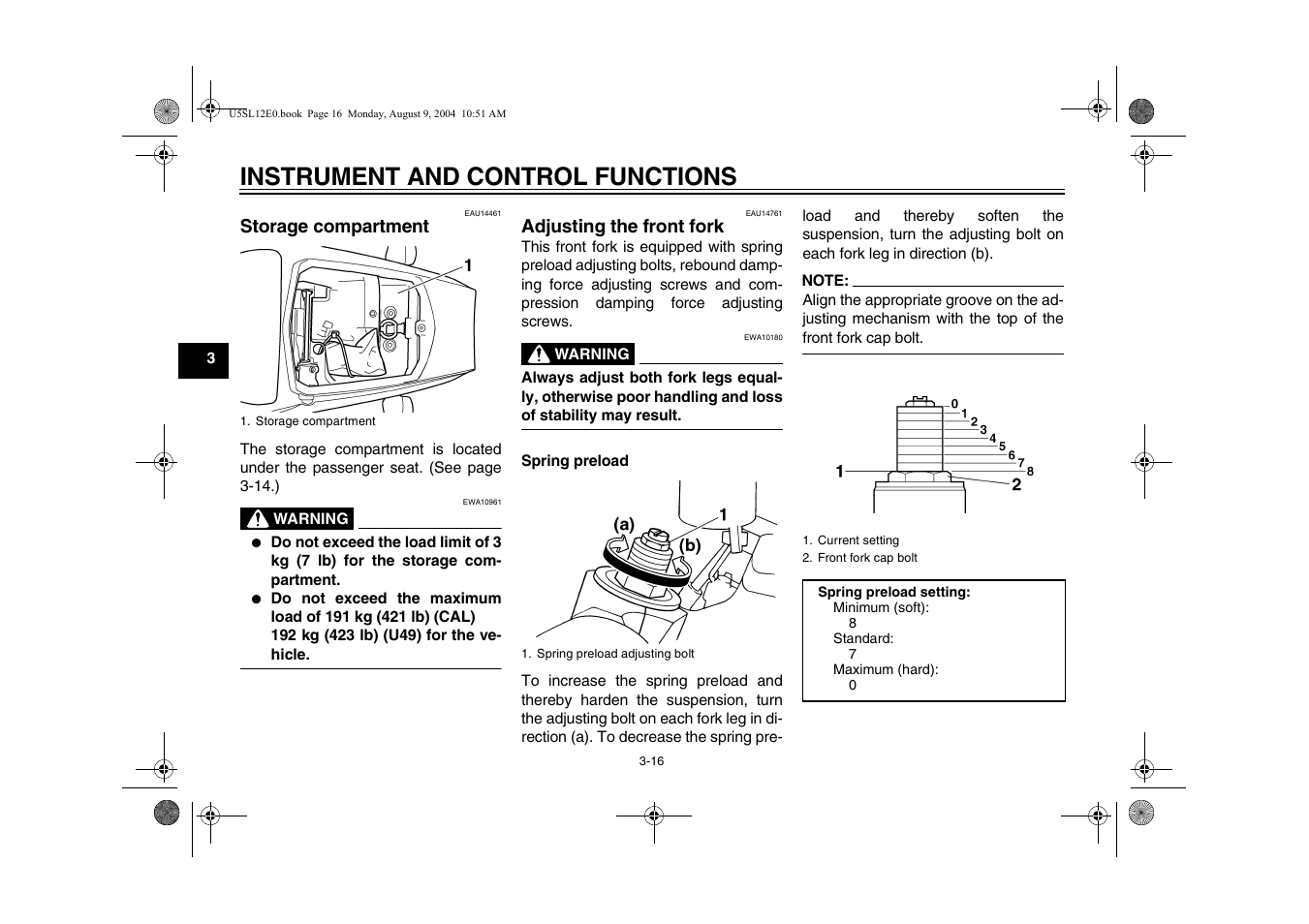 Adjusting the front fork, Instrument and control functions | Yamaha YZF-R6T(C) User Manual | Page 34 / 111