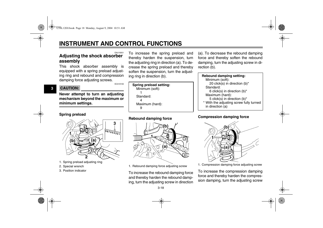 Adjusting the shock absorber assembly, Adjusting the shock absorber, Assembly -18 | E 3-18), Age 3-18, Instrument and control functions | Yamaha YZF-R6T(C) User Manual | Page 36 / 111