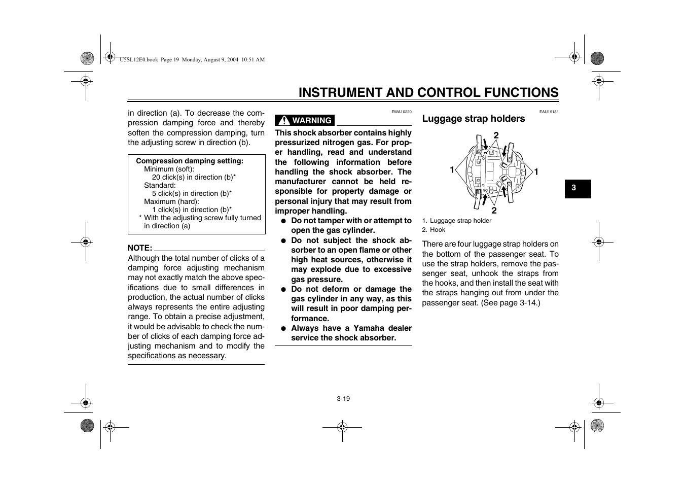 Luggage strap holders -19, Instrument and control functions | Yamaha YZF-R6T(C) User Manual | Page 37 / 111