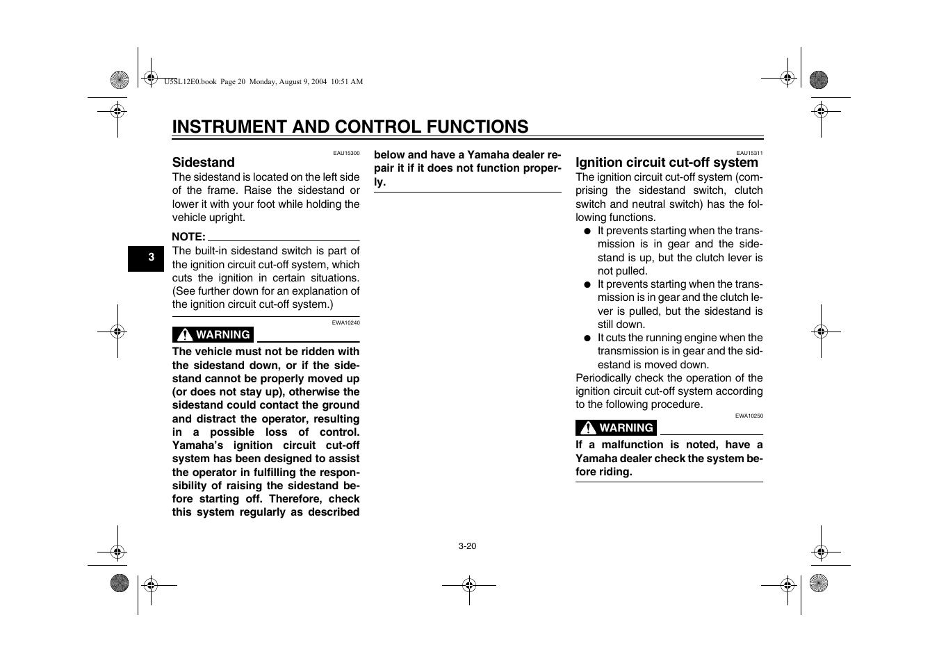 Sidestand -20 ignition circuit cut-off system -20, Instrument and control functions | Yamaha YZF-R6T(C) User Manual | Page 38 / 111