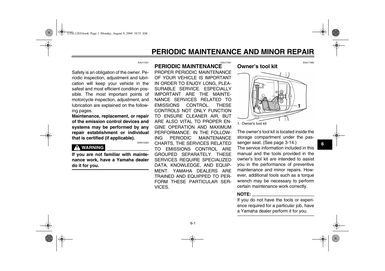 Periodic maintenance and minor repair, Tool kit, Periodic maintenance -1 owner’s tool kit -1 | Yamaha YZF-R6T(C) User Manual | Page 47 / 111