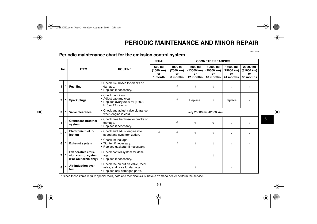 Periodic maintenance chart for the, Emission control system -3, Periodic maintenance and minor repair | Yamaha YZF-R6T(C) User Manual | Page 49 / 111