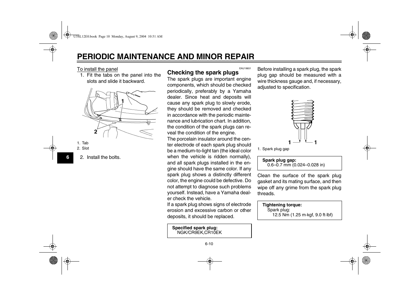 Checking the spark plugs, Checking the spark plugs -10, Periodic maintenance and minor repair | Yamaha YZF-R6T(C) User Manual | Page 56 / 111