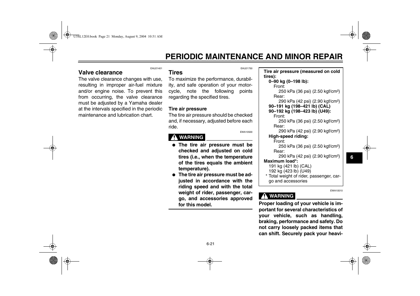 Tires, Valve clearance -21 tires -21, Periodic maintenance and minor repair | Yamaha YZF-R6T(C) User Manual | Page 67 / 111
