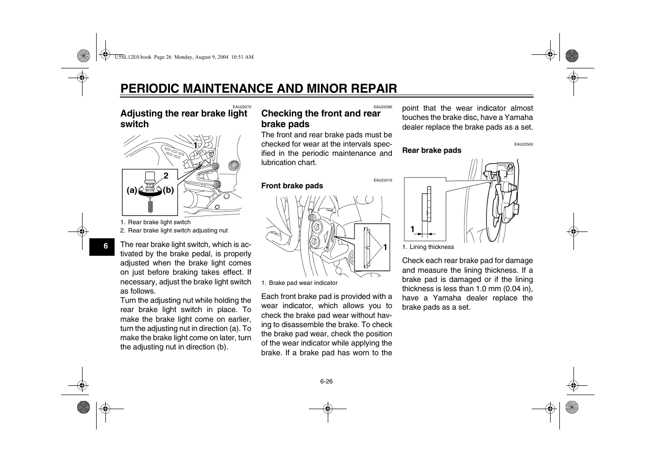 Checking the front and rear brake pads, Adjusting the rear brake light, Switch -26 | Checking the front and rear, Brake pads -26, Periodic maintenance and minor repair, Adjusting the rear brake light switch | Yamaha YZF-R6T(C) User Manual | Page 72 / 111