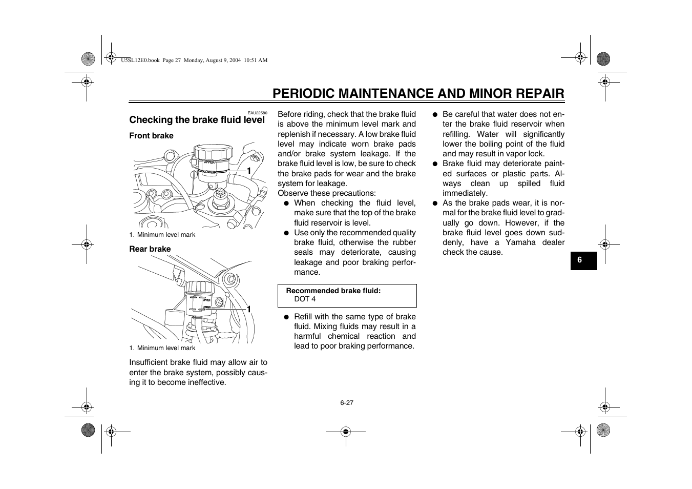 Checking the brake fluid level, Checking the brake fluid level -27, Periodic maintenance and minor repair | Yamaha YZF-R6T(C) User Manual | Page 73 / 111