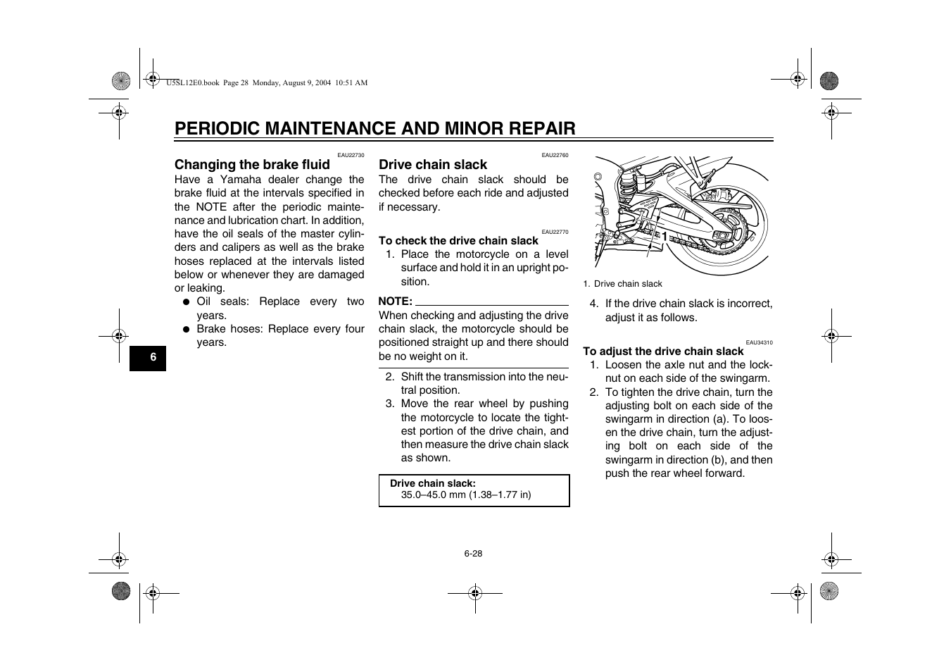 Drive chain slack, Changing the brake fluid -28 drive chain slack -28, Periodic maintenance and minor repair | Yamaha YZF-R6T(C) User Manual | Page 74 / 111