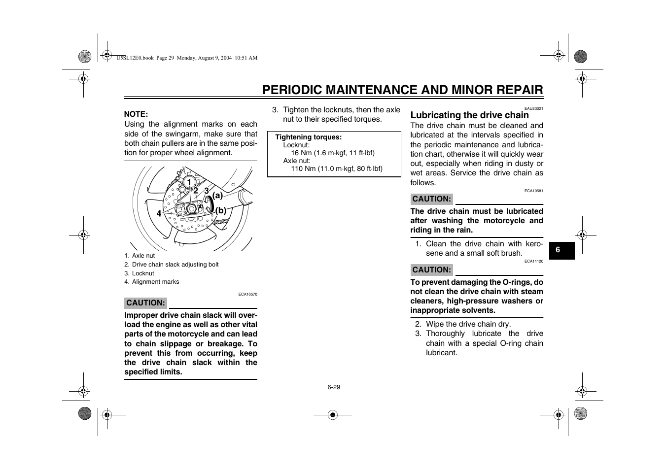 Lubricating the drive chain -29, Periodic maintenance and minor repair | Yamaha YZF-R6T(C) User Manual | Page 75 / 111