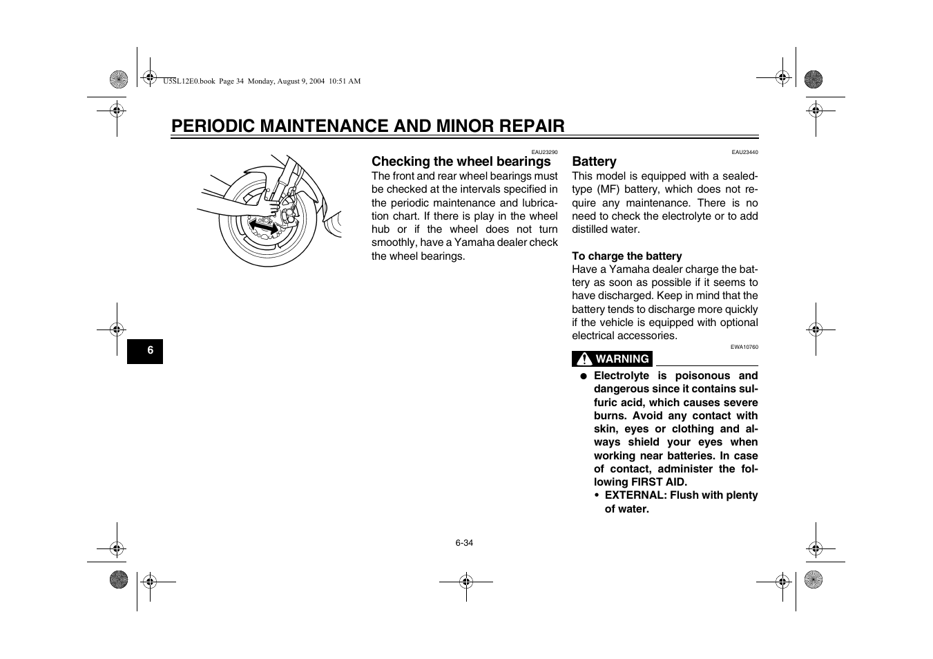 Battery, Checking the wheel bearings -34 battery -34, Periodic maintenance and minor repair | Yamaha YZF-R6T(C) User Manual | Page 80 / 111