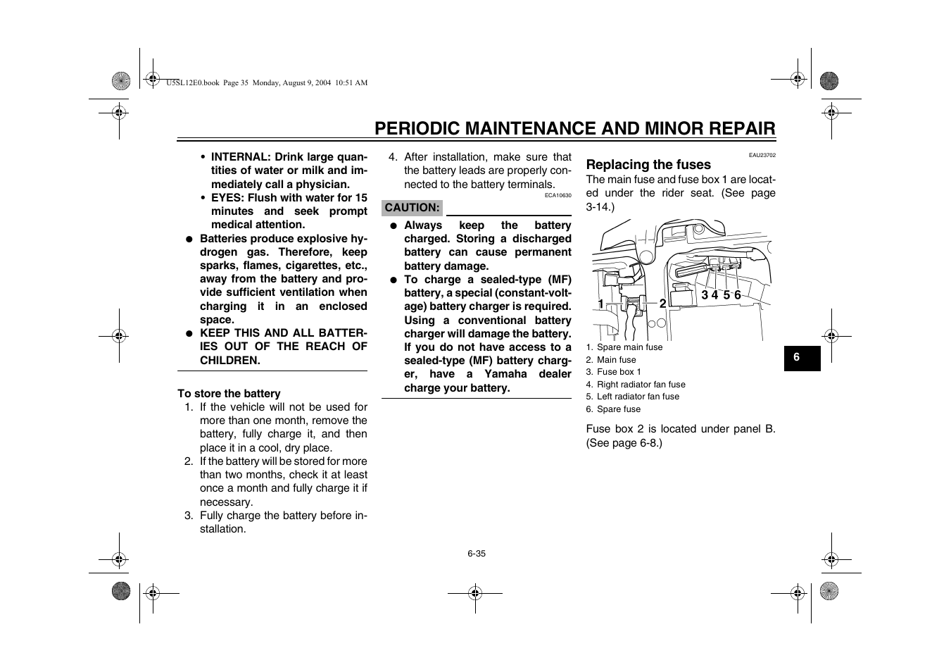 Replacing fuses, Replacing the fuses -35, Age 6-35 | Periodic maintenance and minor repair | Yamaha YZF-R6T(C) User Manual | Page 81 / 111