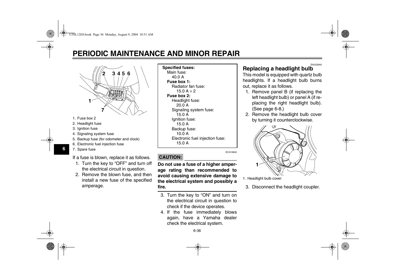 Replacing a headlight bulb, Replacing a headlight bulb -36, Periodic maintenance and minor repair | Yamaha YZF-R6T(C) User Manual | Page 82 / 111
