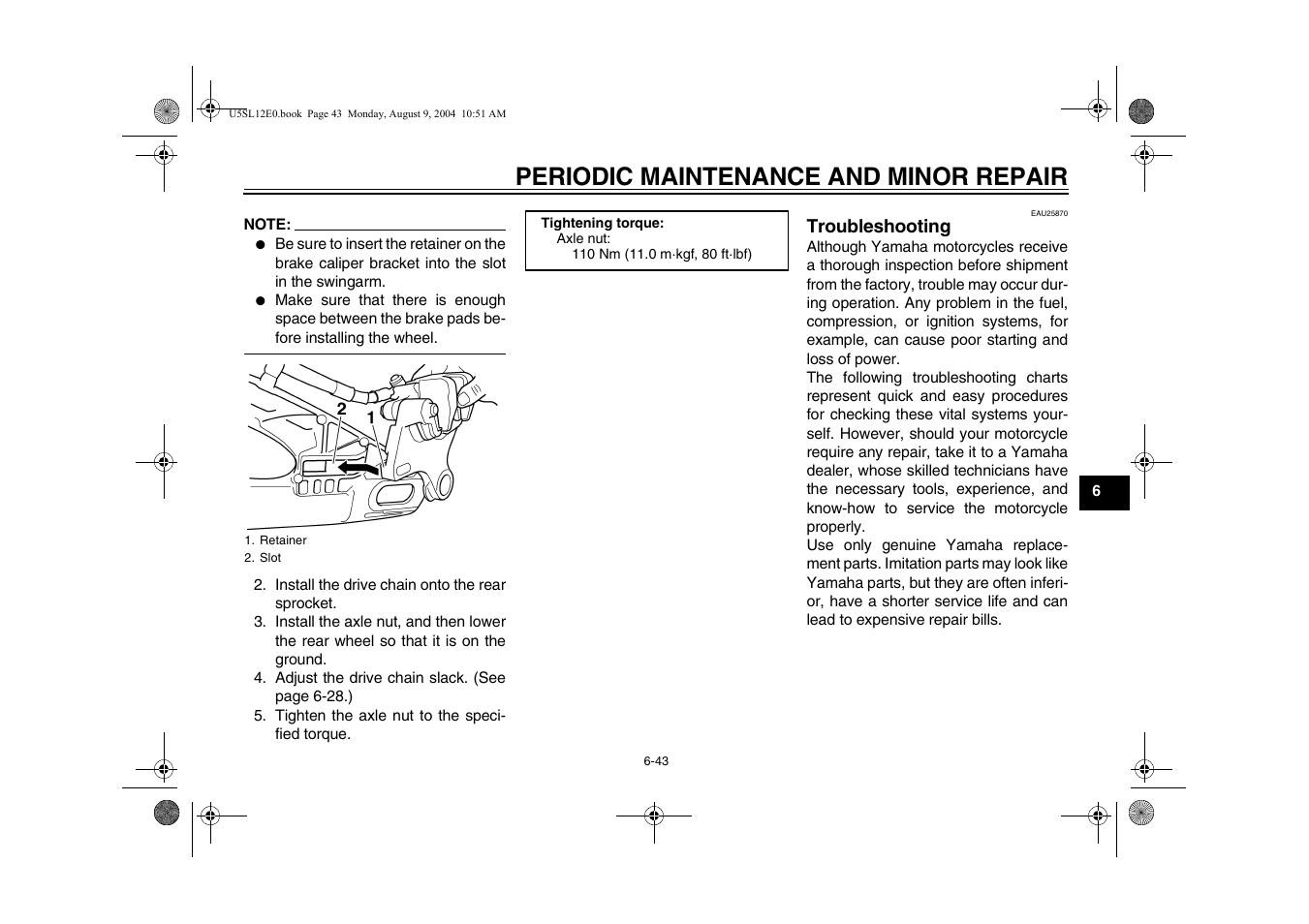 Troubleshooting, Troubleshooting -43, Periodic maintenance and minor repair | Yamaha YZF-R6T(C) User Manual | Page 89 / 111