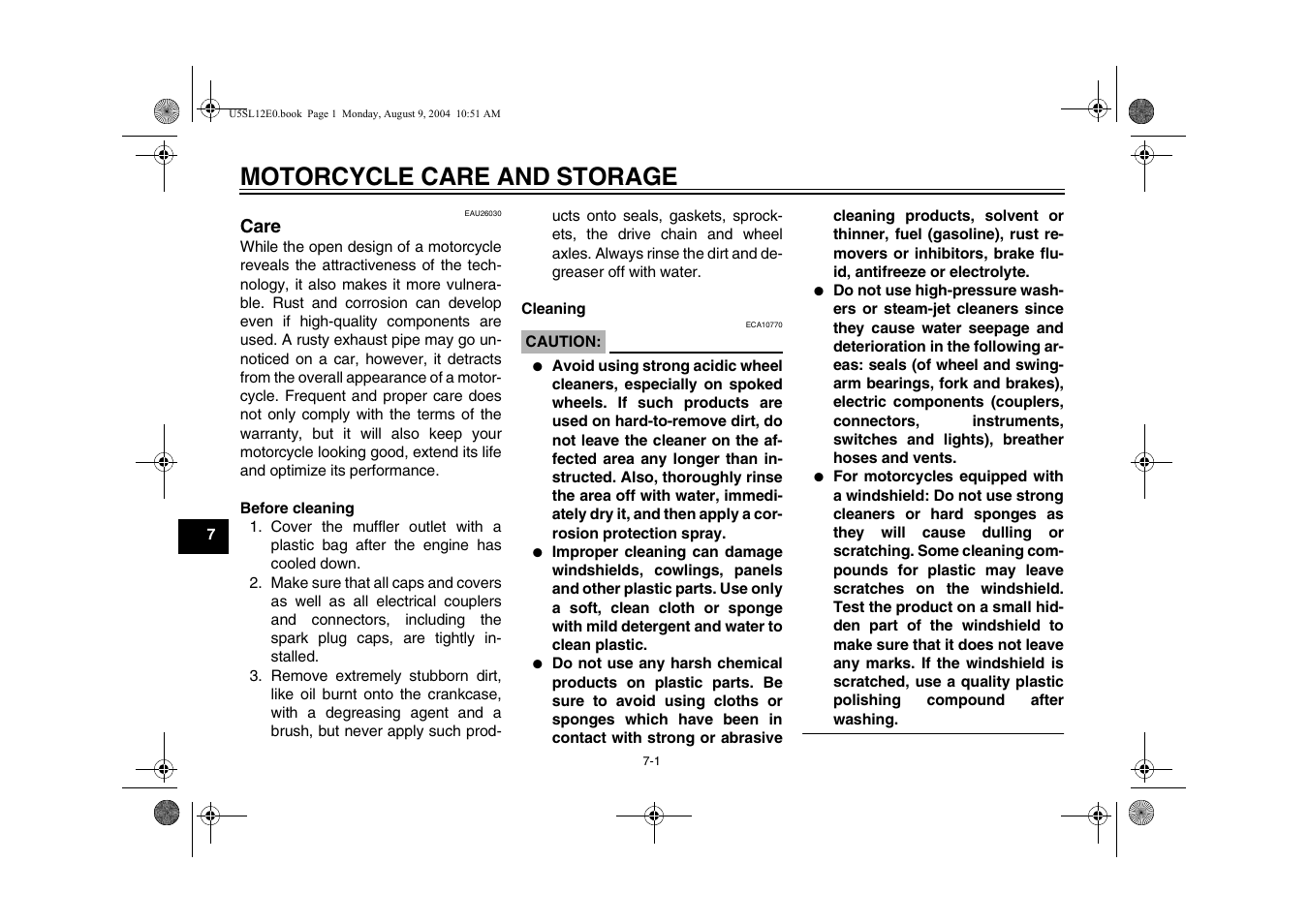 Motorcycle care and storage, Care -1 | Yamaha YZF-R6T(C) User Manual | Page 92 / 111