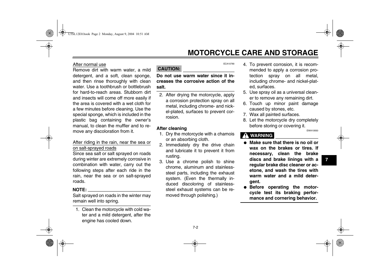 Motorcycle care and storage | Yamaha YZF-R6T(C) User Manual | Page 93 / 111