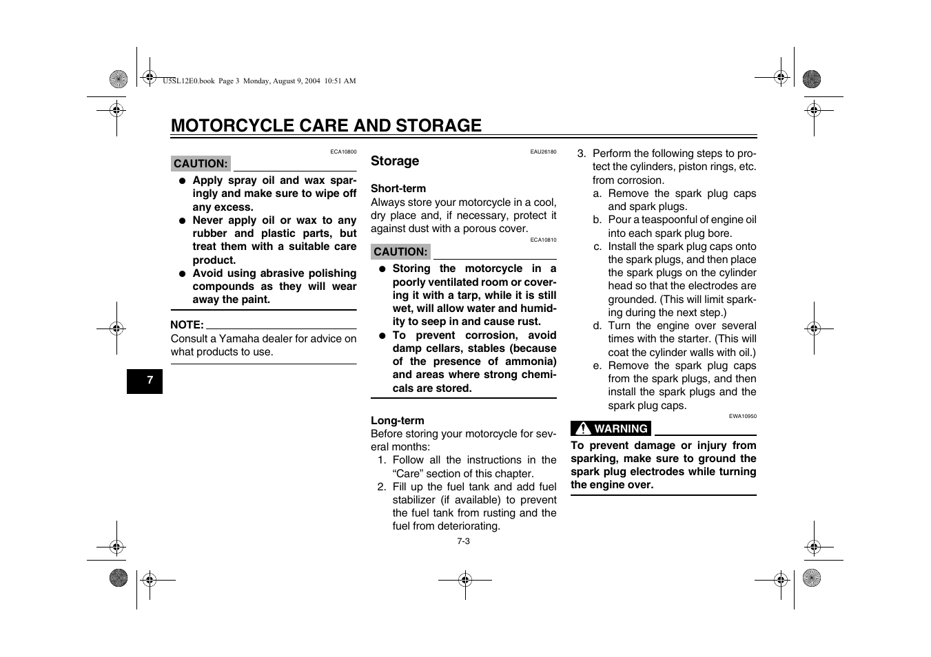 Storage, Storage -3, Motorcycle care and storage | Yamaha YZF-R6T(C) User Manual | Page 94 / 111