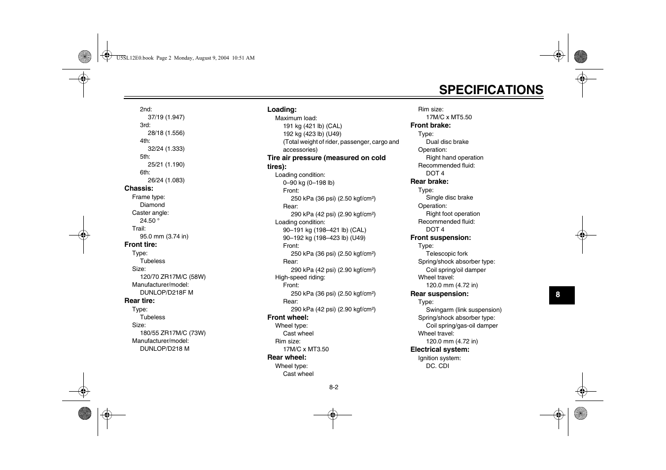 Specifications | Yamaha YZF-R6T(C) User Manual | Page 97 / 111