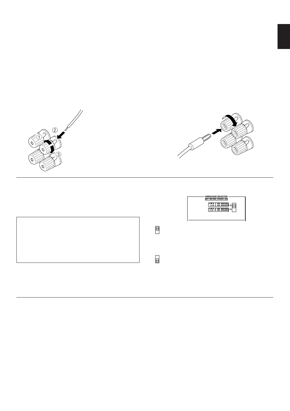 Connecting speakers about the accessory terminals, Impedance selector switch, English | Ac outlet(s) (switched), Gnd terminal (for turntable use) | Yamaha AX-392 User Manual | Page 7 / 16